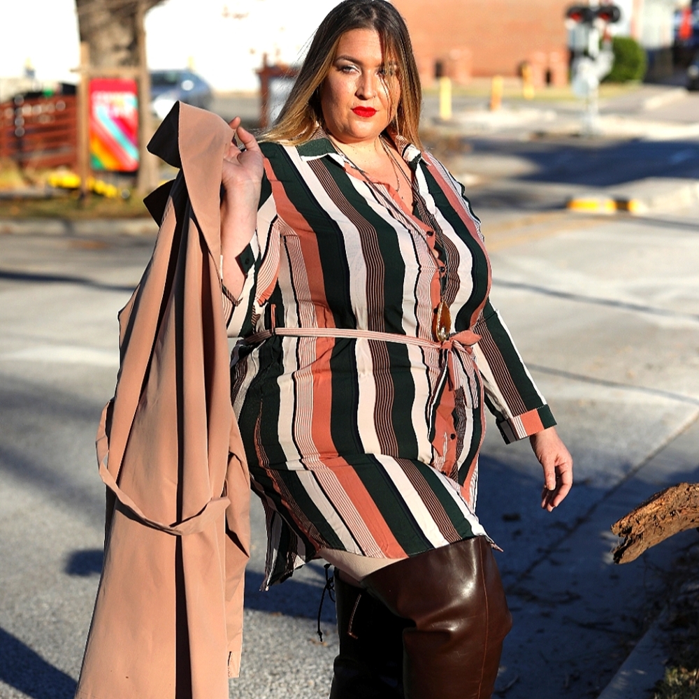 Stripe Me Down in this Plus Size Striped button down dress, Fall Fashion